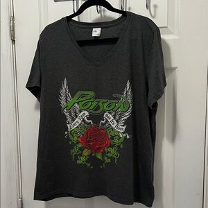 80s Rock Group Poison Graphic Tee with Rose and Wings Design